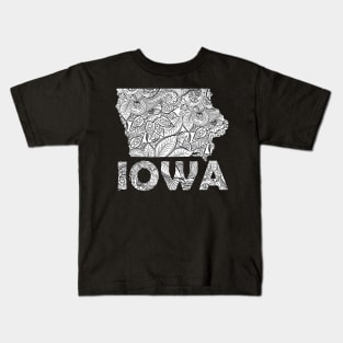 Mandala art map of Iowa with text in white Kids T-Shirt